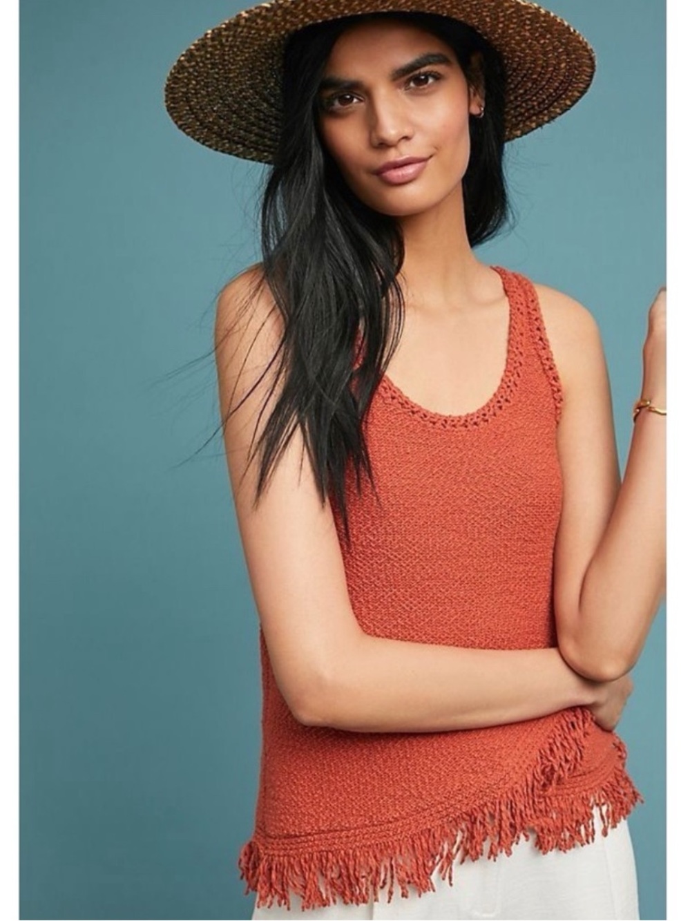 Akemi + Kin orange textured knit tank top asymmetric fringed hem medium EUC